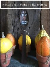 eeks.. Primitive Antique Wooden Spoon Hand Painted Halloween Cat Face & Gift Tag