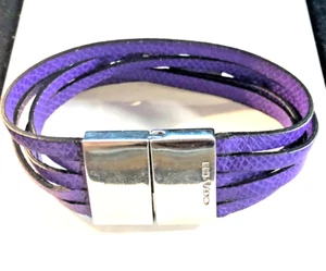 Coach Purple Leather Snakeskin Bracelet Silver Tone Metal Clasp Wrap Logo 8.5" - Picture 1 of 9