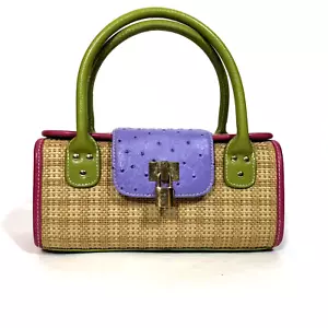 Womens Straw Box Purse Handbag Woven Grass Double Handles Tan Pink Purple Green - Picture 1 of 9