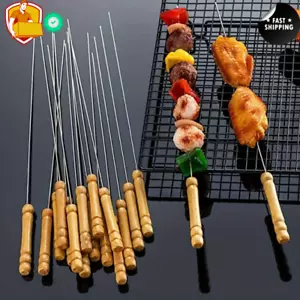 10 Stainless Steel BBQ Skewers 30cm - Wooden Handle Kebab Skewer Set - Picture 1 of 8