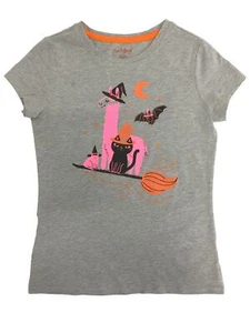 Girls Gray Llama Cat & Frog Riding Witch Broom Halloween Short Sleeve Shirt - Picture 1 of 1