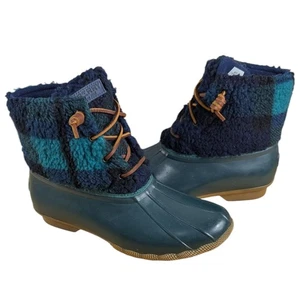 Sperry Duck Boots Green Plaid Womens size 9 M Saltwater Sherpa Ankle STS83244 - Picture 1 of 16