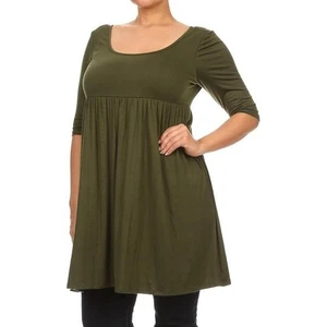 Gracyoga Olive Green Tunic Top Long Sleeve V Neck Babydoll Style Blouse - Picture 1 of 5