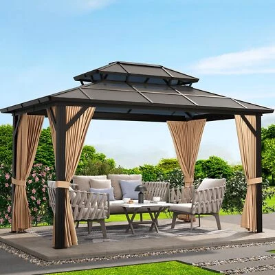10'x13' Gazebo Hardtop Outdoor Double Roof Canopy with Curtains and Netting