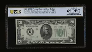 DBR 1934 $20 DGS Dallas Mule Gem Fr. 2054-Kdgsm PCGS-B 65 PPQ Serial K06098118A - Picture 1 of 2