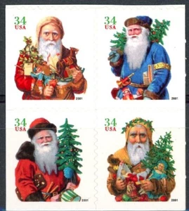 Holiday Santa MNH Vending Booklet Block Dated 2001 Scott's 3541 to 3544 No Fold - Picture 1 of 2