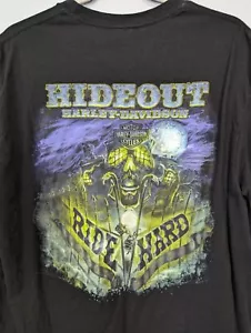 Harley Davidson T shirt men’s L Hideout Joplin MO skeleton haunted mansion 2014 - Picture 1 of 8