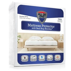 All-in-One Bed Bug Blocker Water Resistant Zippered Mattress Protector, Twin - Picture 1 of 7
