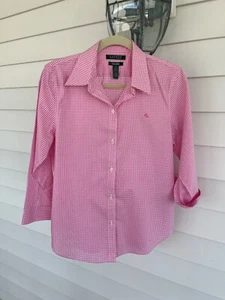 Ralph Lauren LRL Womens Non-Iron Button Up Gingham Blouse Pink White Size Medium - Picture 1 of 7