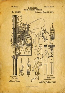 Mauser C96 Pistol Broomhandle Patent Print Gun WW1 German WWI | Framed Unframed - Picture 1 of 12