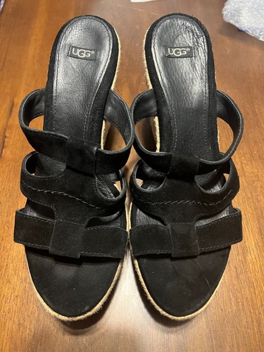 Sandalo UGG Tawnie donna NERO PELLE SCAMOSCIATA cinturino Espadrille 4+"" tacco zeppa taglia 8 5