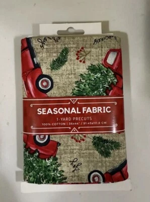 Christmas Pre-Cut Fabric Red Truck With Wreath 1 Yard New - Image 1 of 4