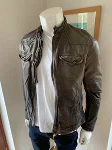 All Saints Mens PROPAGANDA Leather Bomber Jacket Medium Biker Dip Dye - Picture 1 of 20