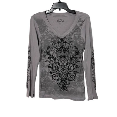 De colección Y2K Mudd Talla XL Gris Negro Gráfico Manga Larga Térmico Grunge Punk Foto 1 de 4