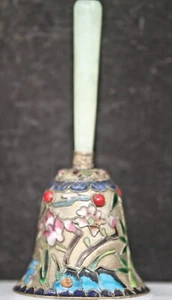 Exquisite Vintage Chinese Cloisonne Brass Bell w/Jadeite Handle - Picture 1 of 7