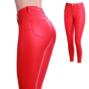 Pantaloni skinny donna effetto pelle vita alta push up slim fit stretch lucidi - Foto 1 di 4