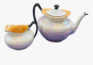 Vtg Cecho Slovakia Phoenix China Cream Lusterware teapot & creamer w/black trim - Picture 1 of 16