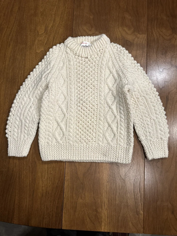 Purple Heather HandKnit Ivory Pure Wool Irish Fisherman Sweater Kids - Image 1 of 4