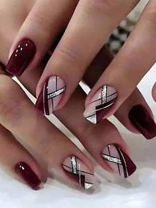 Press On Nails - 24pcs Squoval Burgundy Geometric Glitter Stick On False Nails - Picture 1 of 6