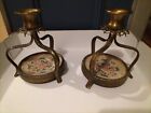 PAIR OF VINTAGE METAL GILT CANDLE HOLDER + TAPESTRY GLASS COVERED BASE XMAS
