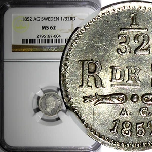 Sweden Oscar Silver 1852 AG 1/32 Riksdaler NGC MS62 Mint Luster KM# 681 (004) - Picture 1 of 4