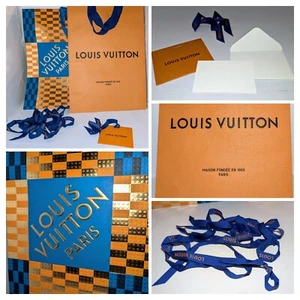 Louis Vuitton Gift Shopping Bag x2 Plaid Orange Lg & Med Bags +Ribbons & Card A+ - Picture 1 of 21