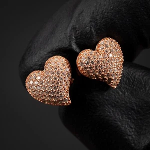 Women's Pink Rose Gold 925 Sterling Silver 3D Honey Comb Set Heart Stud Earrings - Picture 1 of 5
