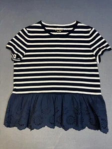 Kate Spade Short Sleeves Peplum Top Eyelet Hem Cotton Stripes Women's Size M - Picture 1 of 9