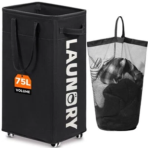 75L Slim Laundry Hamper with Wheels and Removable Wash Bag Black Rolling Bask... - Picture 1 of 7