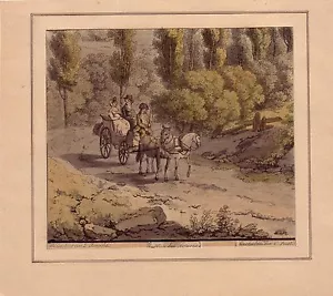 Kutsche auf Waldweg Kolor Umrissradierung von Postl nach Janscha 1830 - Bild 1 von 1