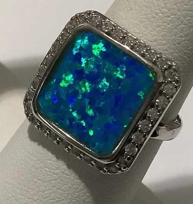 Caribbean Square Opal Clear Cz’s Sterling Silver Ring (133) Size 6.75 “ - Image 1 of 4