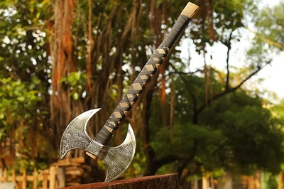 Handmade Carbon Steel Viking Battle Axe 23" Double Headed Axe w/ Leather Sheath - Image 1 of 4