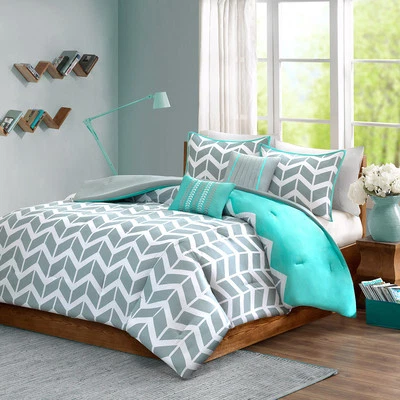 QUALITY NEW! ~ BLUE GREY AQUA TEAL CHEVRON ZIG ZAG GEOMETRIC COMFORTER SET FULL QUEEN SZ