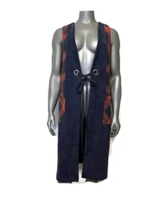 BCBGeneration Duster Vest M Blue & Red Buffalo Plaid Midi Open Tie Western Indie - Picture 1 of 10