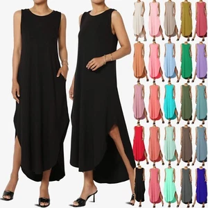 Women's Summer Sleeveless DTY Jersey Pocket Loose Slit Tank Long Maxi Dress - Picture 1 of 132