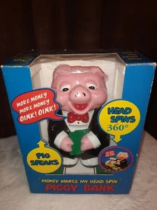 1991 Vintage "Money Makes My Head Spin" Talking, Head-Spin Sparschwein. LESEN - Bild 1 von 8