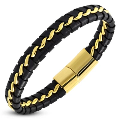 Pulsera de cuero negro tono oro amarillo acero inoxidable para hombre Foto 1 de 2