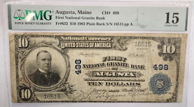 1902 $10 First National Granite Bank of Augusta Maine PMG Fine 15 CH #498 - Image 1 of 2