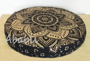 32X6" Round Floor Cushion Cover Black Gold Floral Mandala Cotton Pillow Covers - Picture 1 of 4