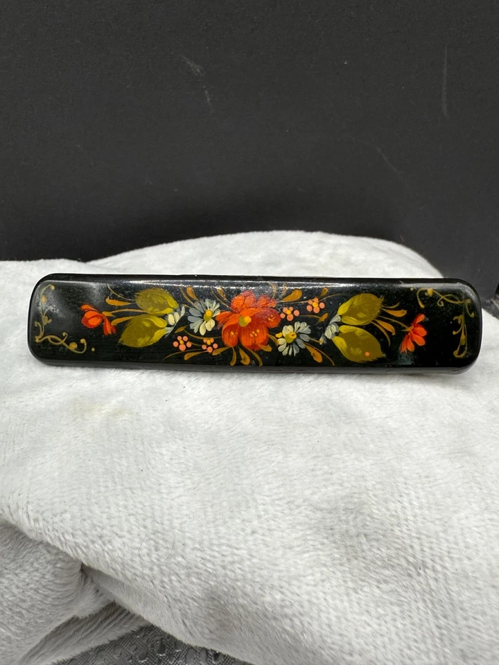 Grampo de cabelo vintage russo pintado à mão flores preto - Imagem 1 de 4