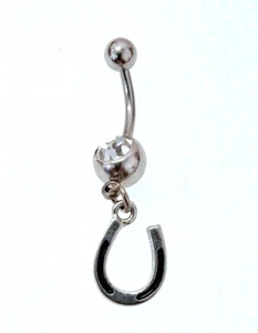 Belly Ring Good Luck w/Black Inlay Horseshoe Dangle Naval Steel - Picture 1 of 3