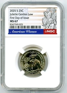 2025 S JULIETTE GORDON LOW QUARTER NGC MS67 UNCIRCULATED FIRST DAY OF ISSUE - Imagen 1 de 2