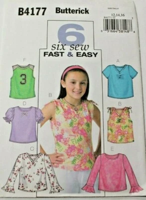 Butterick 4177 Girls Tops with Sleeve Options 6 Styles Sewing Pattern 12-14-16 - Image 1 of 2
