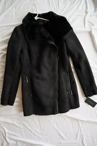 Black Faux Suede / Fur Lined WEATHERPROOF Shawl Collar Asymmetrical Zip Coat S - Picture 1 of 10