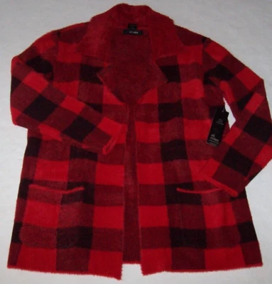 NUEVO CON ETIQUETAS Ali Miles Rojo/Negro Buffalo Cuadros Suave Acogedor Cárdigan Abierto Suéter L BOLSILLOS Foto 1 de 3
