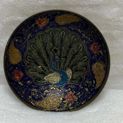 Vintage Brass Enameled Peacock Floral Hand Painted Decorative Trinket Dish - Image 1 of 4