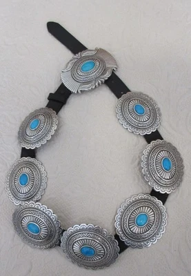 BOTAS JUSTIN DE COLECCIÓN NEGRAS 1" ancho cuero PLATA CONCHOS TURQUESA cinturón talla 32 Foto 1 de 4