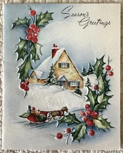 Vintage Weihnachtshaus Pferdekutsche Stechpalme Beere Grußkarte 40er 50er Jahre - Bild 1 von 3