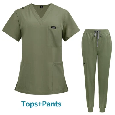  Nurse Medical Uniform Scrub Set Women V-Neck Top Jogger Pant Hospital Men - Image 1 of 4