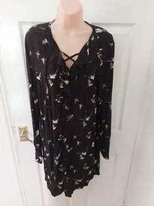 Oasis black bird print long sleeve knee length dress 12 - Picture 1 of 8